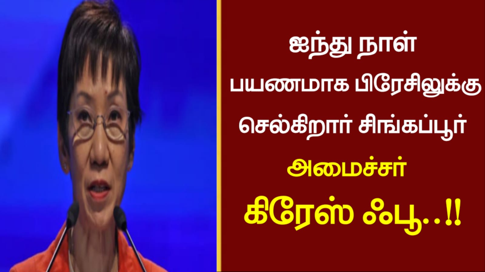ஐந்து நாள் பயணமாக பிரேசிலுக்கு செல்கிறார் சிங்கப்பூர் அமைச்சர் கிரேஸ் ஃபூ..!!