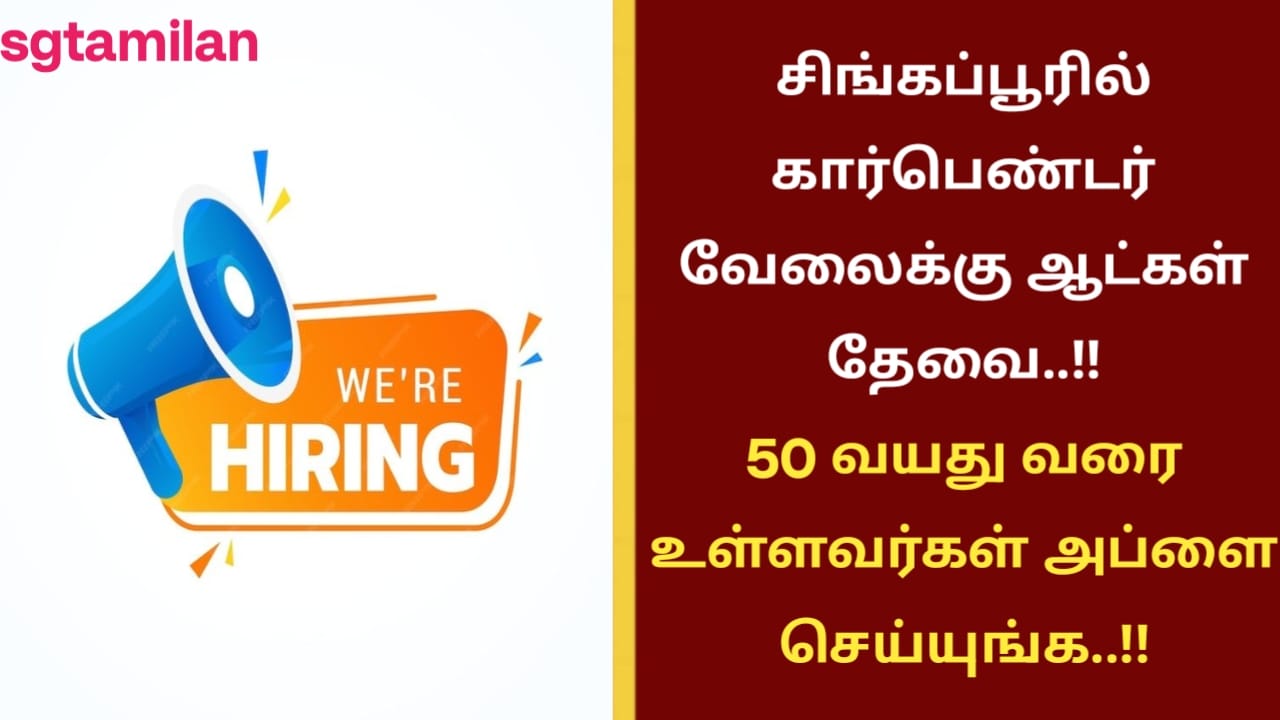 சிங்கப்பூரில் கார்பெண்டர் வேலைக்கு ஆட்கள் தேவை..!! 50 வயது வரை உள்ளவர்கள் அப்ளை செய்யுங்க..!!